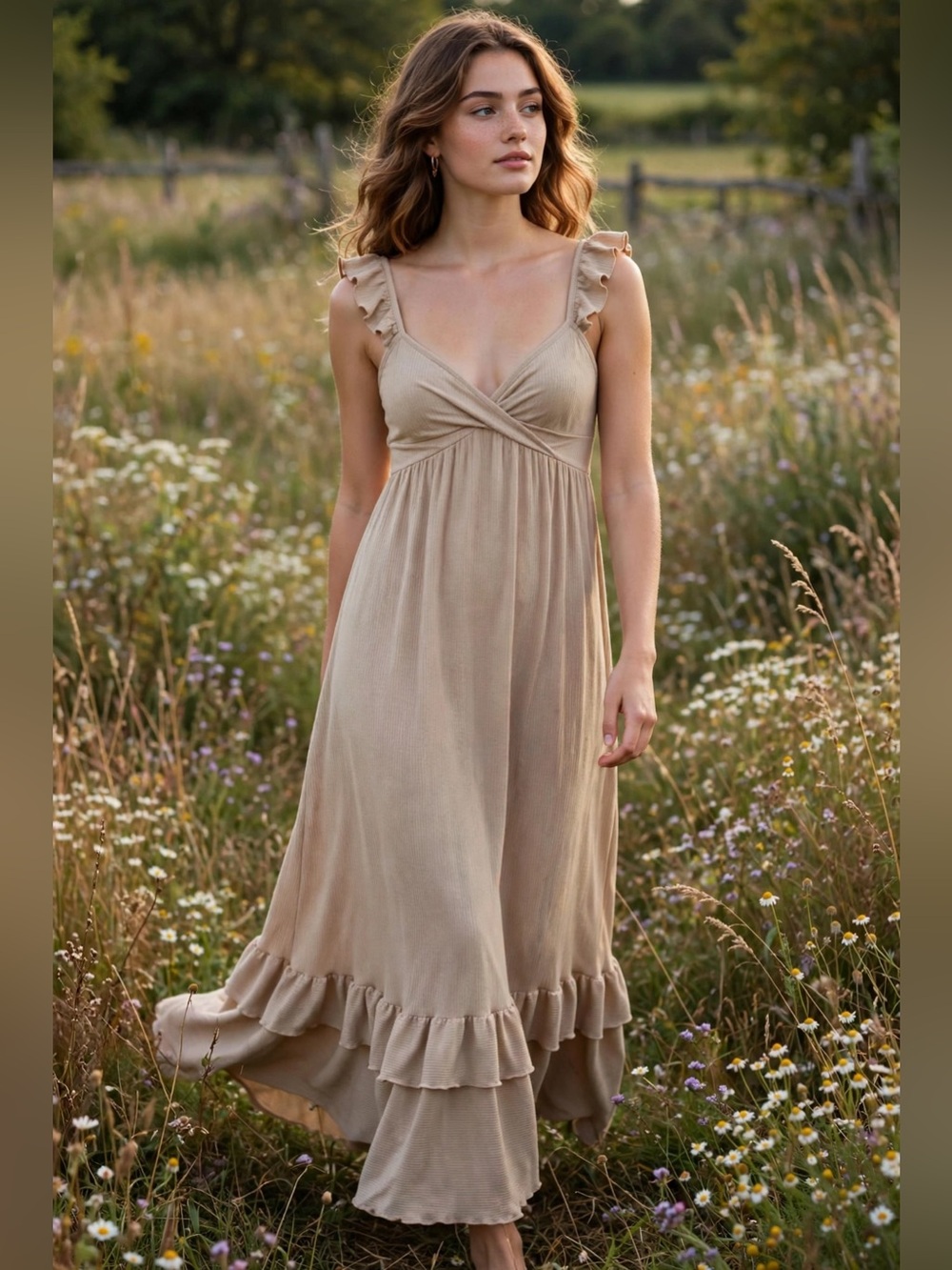 Caution to the Wind Tan Ribbed Knit Ruffle Maxi Dress - Boho Cottagecore